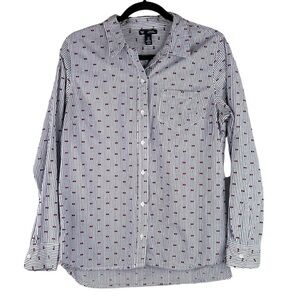 GAP Blue & White Stripe Embroidered Bow Button Down Long Sleeve Top Size Medium